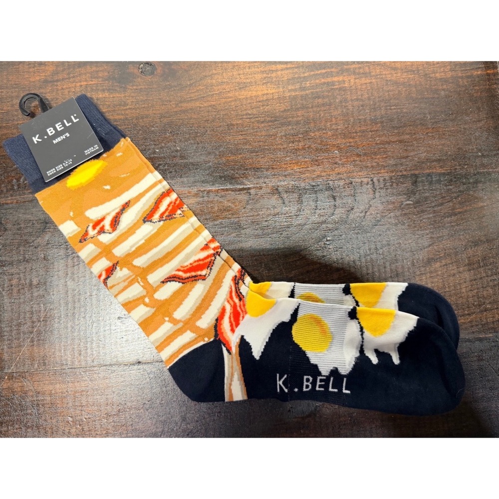 K.Bell Men's Crew Socks‎ Breakfast Bacon Eggs Fun Novelty Sz 10-13 Black